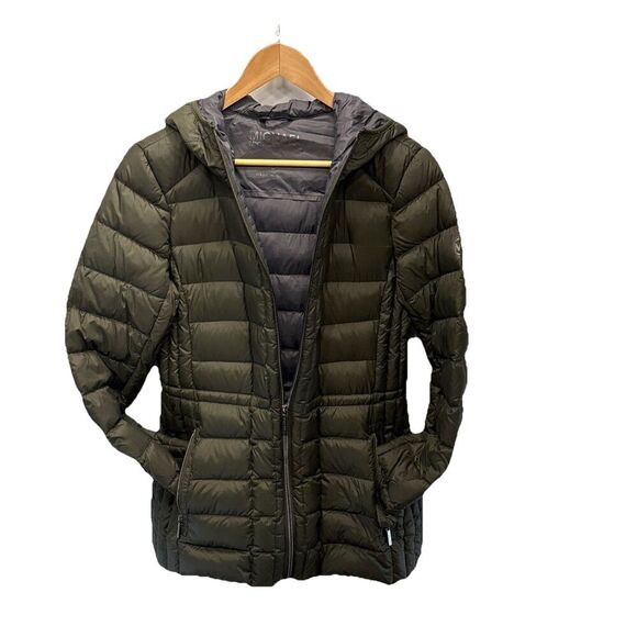 Michael Kors Womens Packable Hooded Down PufferJacket Size M Olive Logo Back Zip - Picture 3 of 16